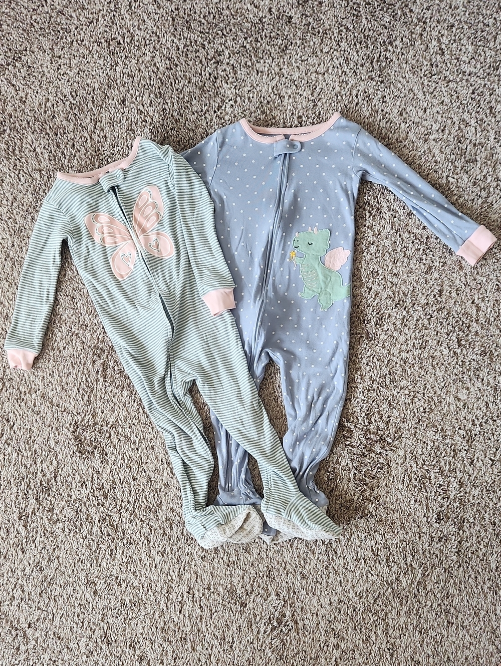 Carter's Mint Striped & Light Blue Polka Footed One-Piece Pajamas with Pink Trim